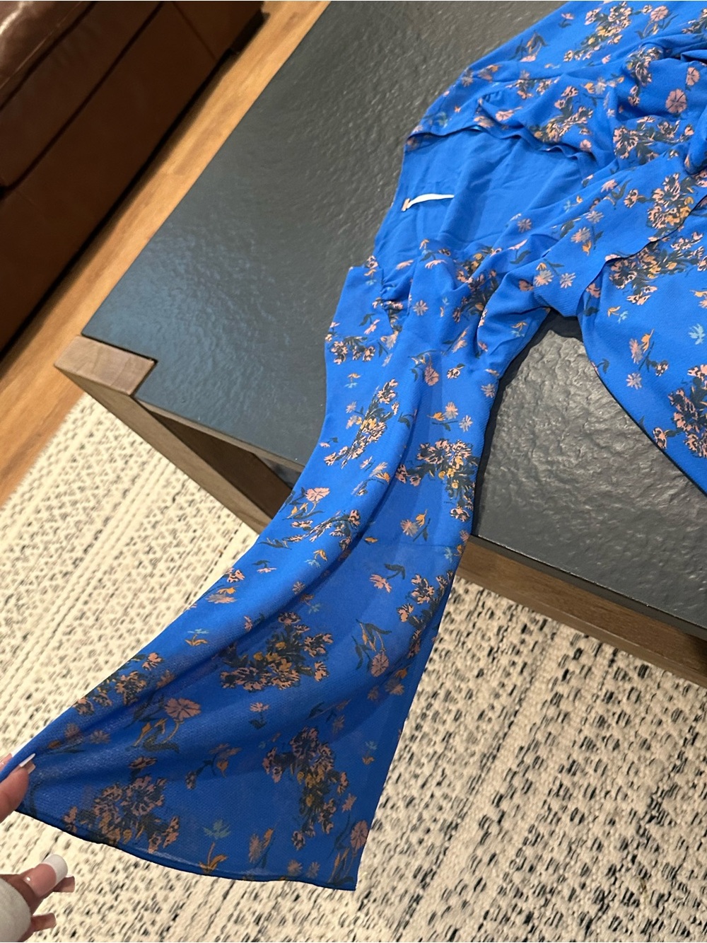 Free People Lilou Cobalt Blue Floral Flutter Belle Sleeve Chiffon Swing Dress - Picture 8 of 10